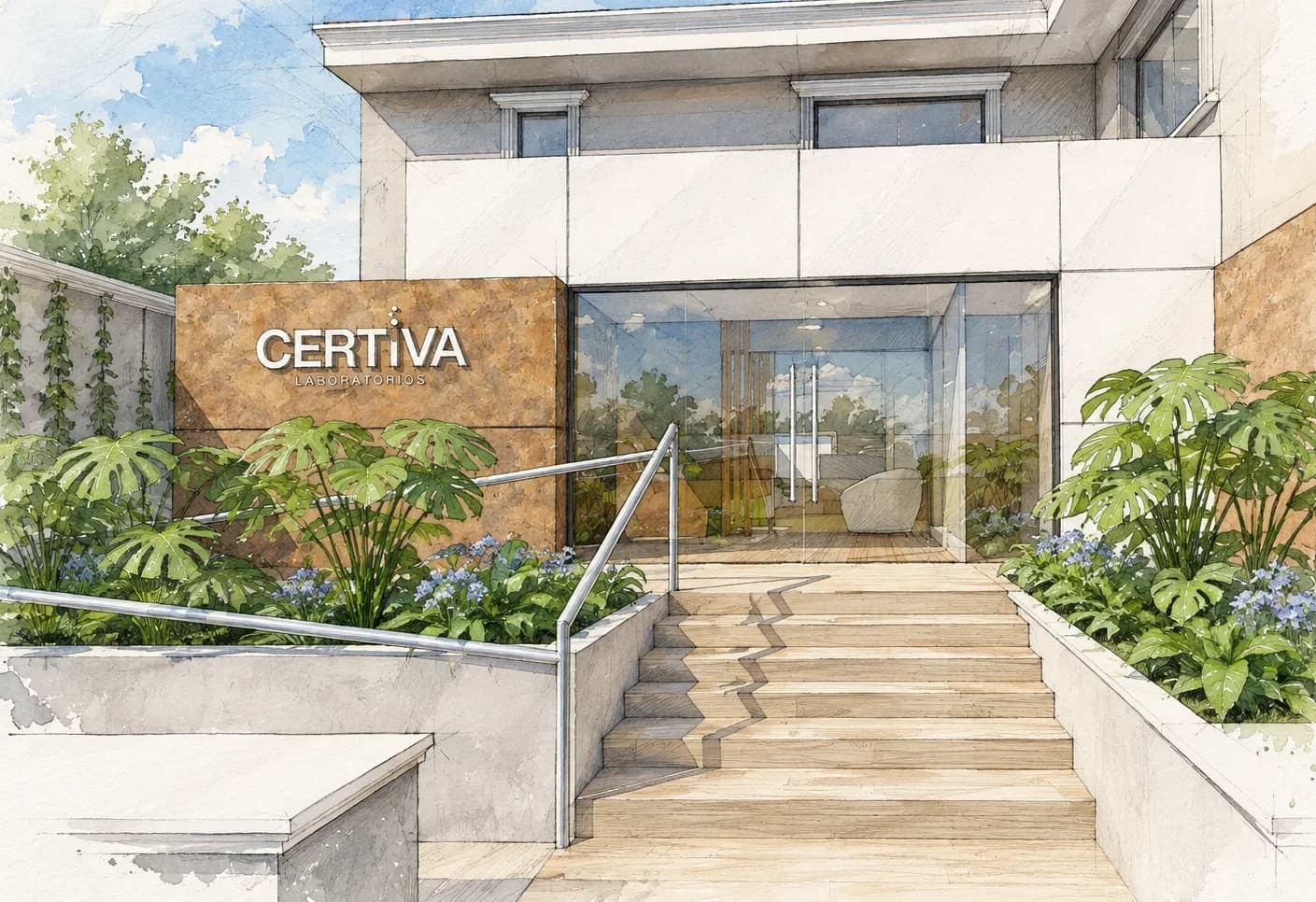 Ilustración en acuarela de la entrada de CERTIVA en Asunción
